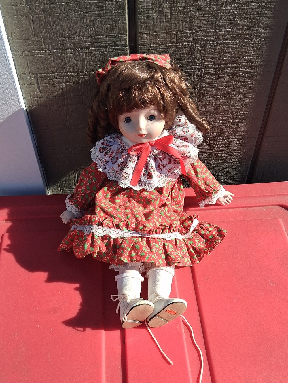 Red Floral Porcelain Doll with Lace Dress